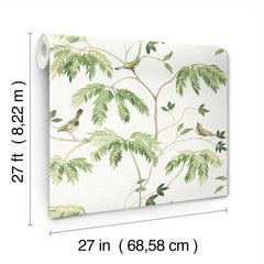 The Cillian Botanical Bird Trail Wallpaper by York Wallcoverings features a green leafy branch and bird pattern, and is available in rolls measuring 27 feet long by 27 inches wide (68.58 cm).