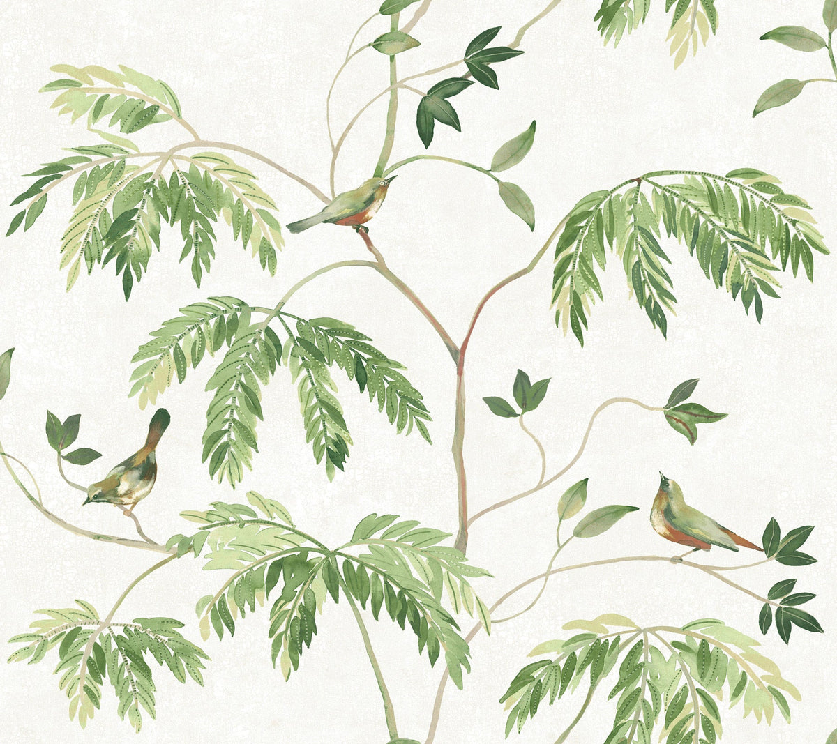 Transforming the original sentence using your product data: The Cillian Botanical Bird Trail Wallpaper by York Wallcoverings features an illustration of three small birds perched on leafy green branches against a light background, bringing a delicate, nature-inspired touch and serene atmosphere to any space.