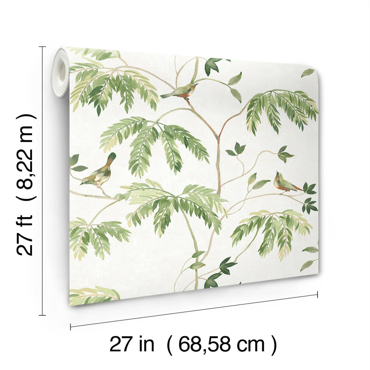 Cillian Botanical Bird Trail Wallpaper by York Wallcoverings features a green leafy branch and bird pattern and comes in a roll measuring 27 feet (8.22 m) long and 27 inches (68.58 cm) wide.