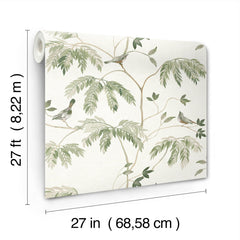 A roll of York Wallcoverings’ Cillian Botanical Bird Trail Wallpaper, featuring a botanical and bird design, is displayed upright. The dimensions are labeled as 27 feet (8.22 meters) by 27 inches (68.58 cm).