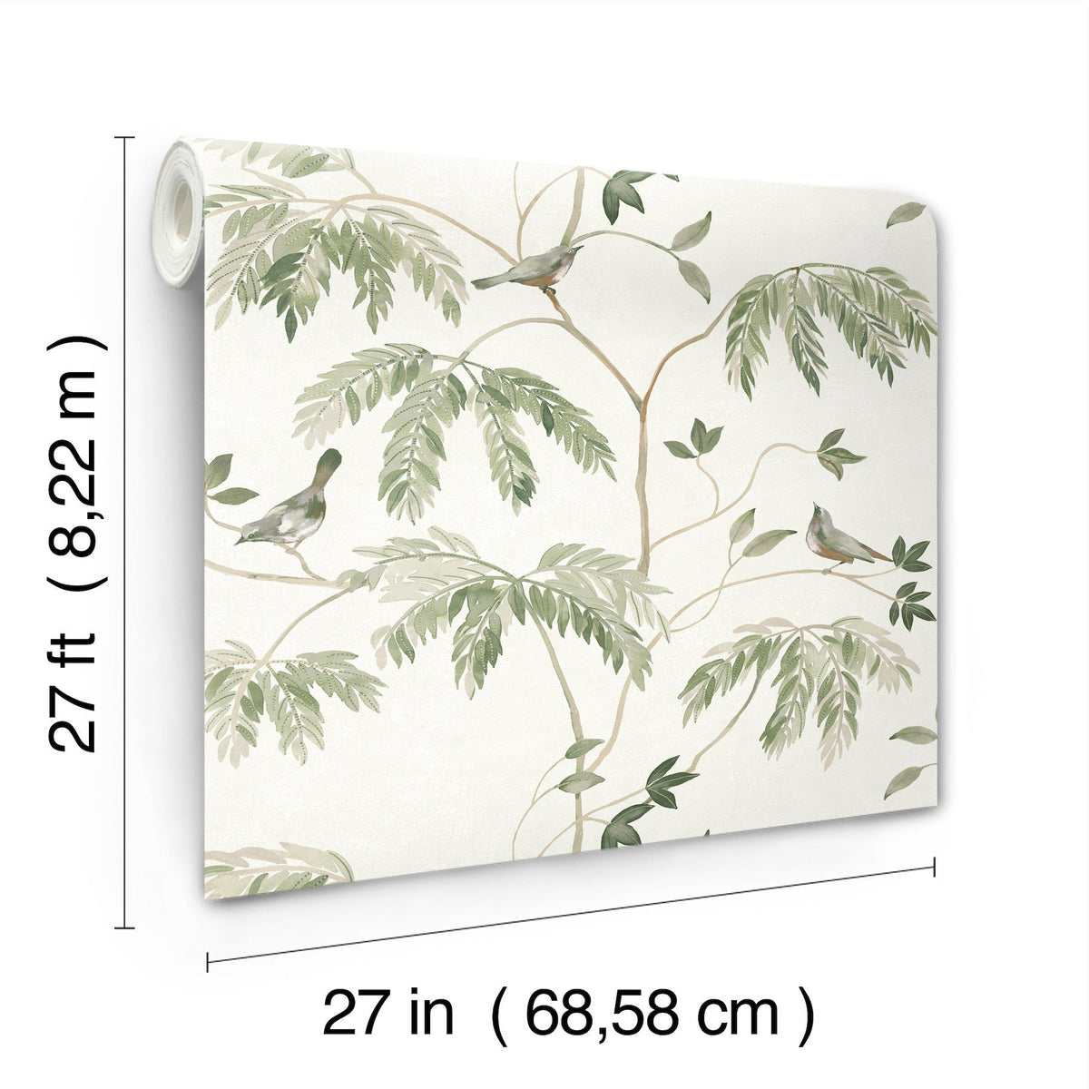 A partially unrolled roll of York Wallcoverings’ Cillian Botanical Bird Trail Wallpaper displays a leafy branch and bird pattern. It measures 27 feet (8.22 m) in length and 27 inches (68.58 cm) in width, with the dimensions clearly labeled.