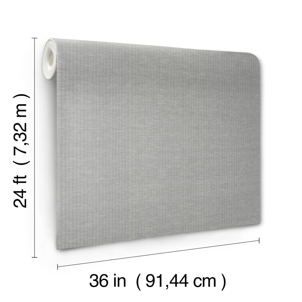 A roll of Hempfield Weave Loomed Wallpaper by York Wallcoverings is unrolled vertically, measuring 24 feet (7.32 meters) tall and 36 inches (91.44 centimeters) wide in a light gray finish.