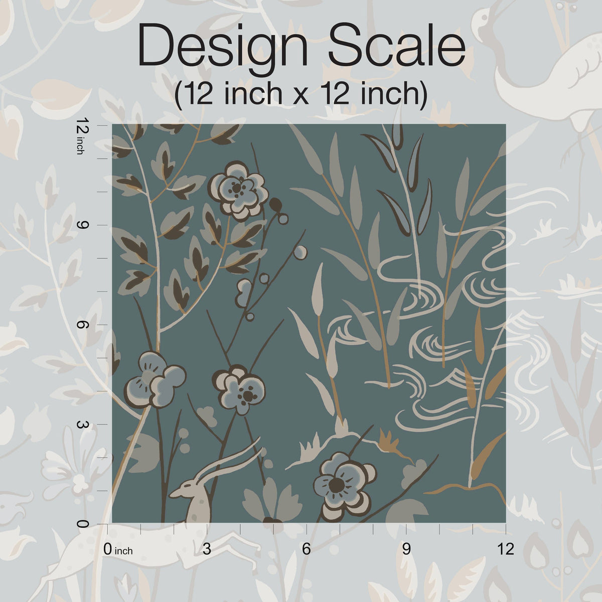 Aspen Wallpaper sample showing a teal background with a pattern of stylized flowers, reeds, and a deer, with a 12-inch square ruler overlay for scale.