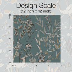 Aspen Wallpaper sample showing a teal background with a pattern of stylized flowers, reeds, and a deer, with a 12-inch square ruler overlay for scale.