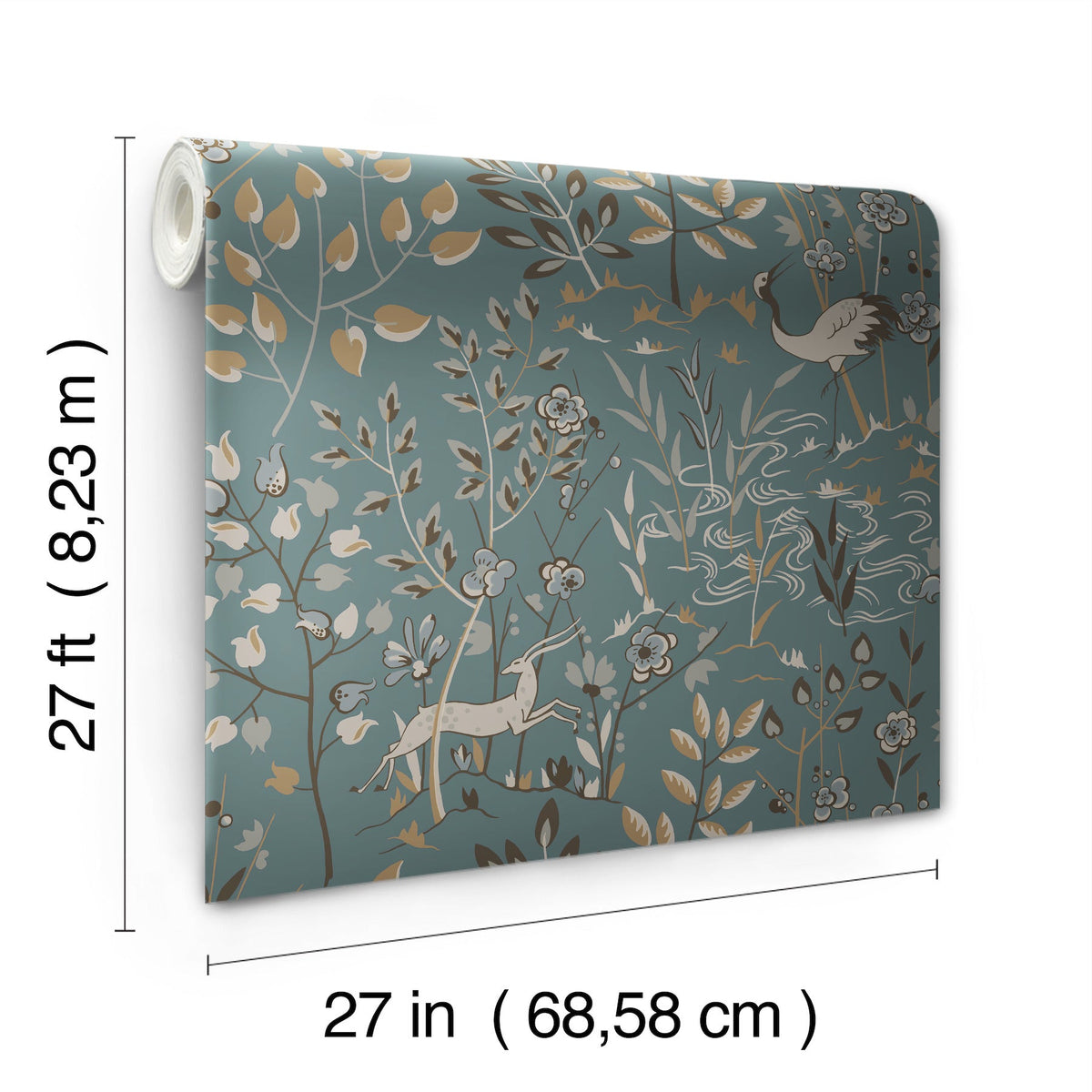 Aspen Wallpaper in blue, featuring a repeating nature pattern of trees, flowers, a crane, and an antelope.