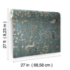 Aspen Wallpaper in blue, featuring a repeating nature pattern of trees, flowers, a crane, and an antelope.