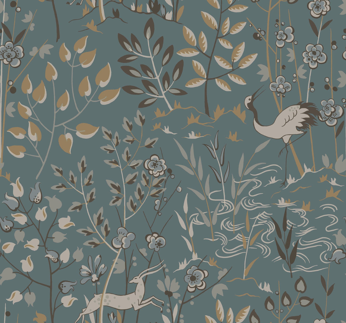 Aspen Wallpaper featuring a pattern of a crane, a leaping deer, and stylized trees and flowers in muted blue, beige, and brown tones.