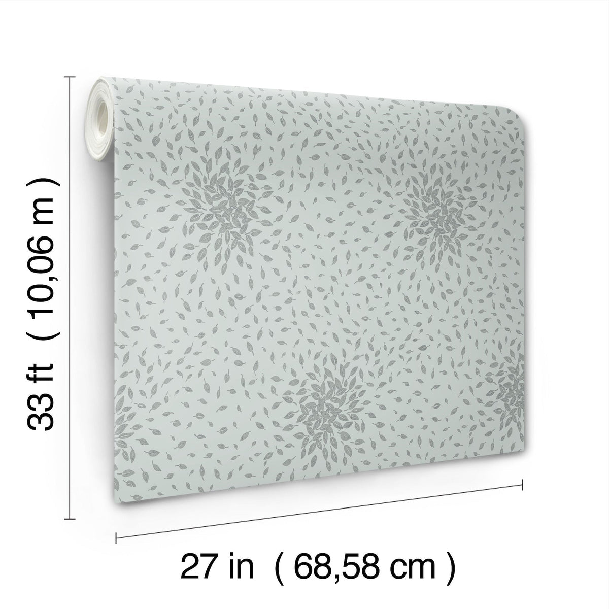 A rolled-up Petite Leaves Wallpaper by York Wallcoverings, featuring a gray leaf pattern, measuring 33 feet (10.06 meters) long and 27 inches (68.58 cm) wide. The dimensions are indicated with arrows and text.