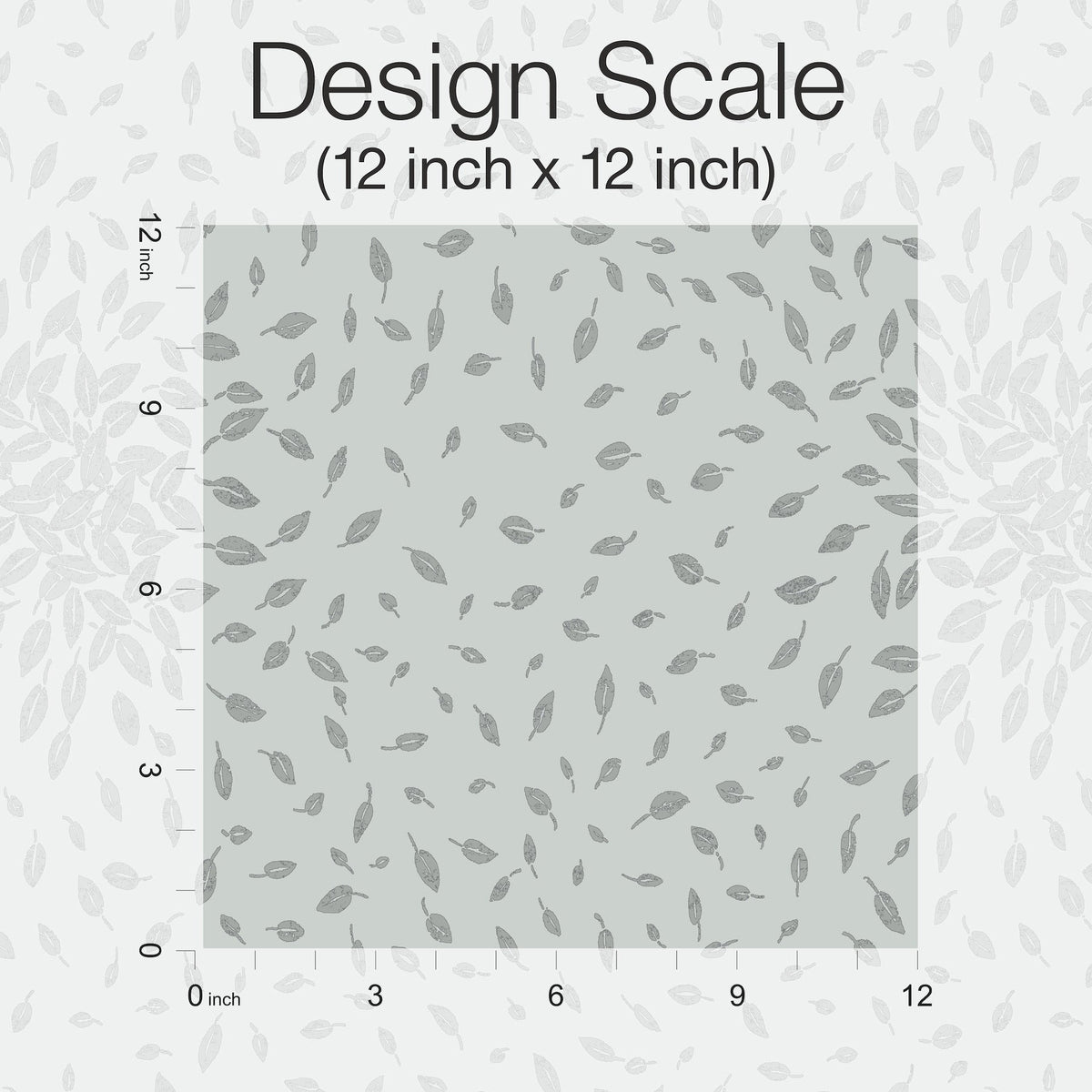 Gray square featuring York Wallcoverings’ Petite Leaves Wallpaper, with a scattered hand-drawn leaves pattern set on a 12x12 inch grid. The title reads Design Scale (12 inch x 12 inch). A faded leaves motif appears in the background, and numbers label the axes.
