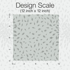 Gray square featuring York Wallcoverings’ Petite Leaves Wallpaper, with a scattered hand-drawn leaves pattern set on a 12x12 inch grid. The title reads Design Scale (12 inch x 12 inch). A faded leaves motif appears in the background, and numbers label the axes.