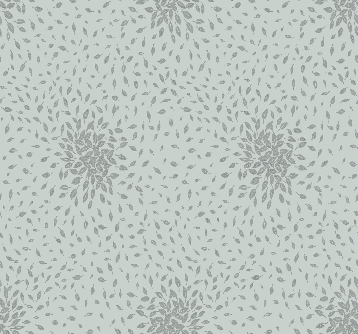 Introducing “Petite Leaves Wallpaper” from York Wallcoverings, featuring a seamless pattern of scattered gray leaves arranged in circular clusters on a light gray background. The repetitive and evenly spaced design creates a subtle, elegant look that’s perfect for wallpaper or fabric applications.