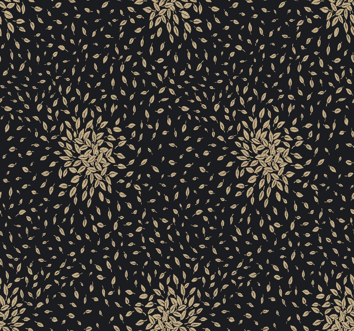 Petite Leaves Wallpaper by York Wallcoverings features a seamless, repeating pattern of small, light brown leaves arranged in swirling clusters against a dark background, creating a symmetrical decorative design.