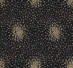 Petite Leaves Wallpaper by York Wallcoverings features a seamless, repeating pattern of small, light brown leaves arranged in swirling clusters against a dark background, creating a symmetrical decorative design.