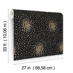 The Petite Leaves Wallpaper by York Wallcoverings features a black background with a gold leaf pattern and measures 33 ft (10.06 m) long by 27 in (68.58 cm) wide per roll.