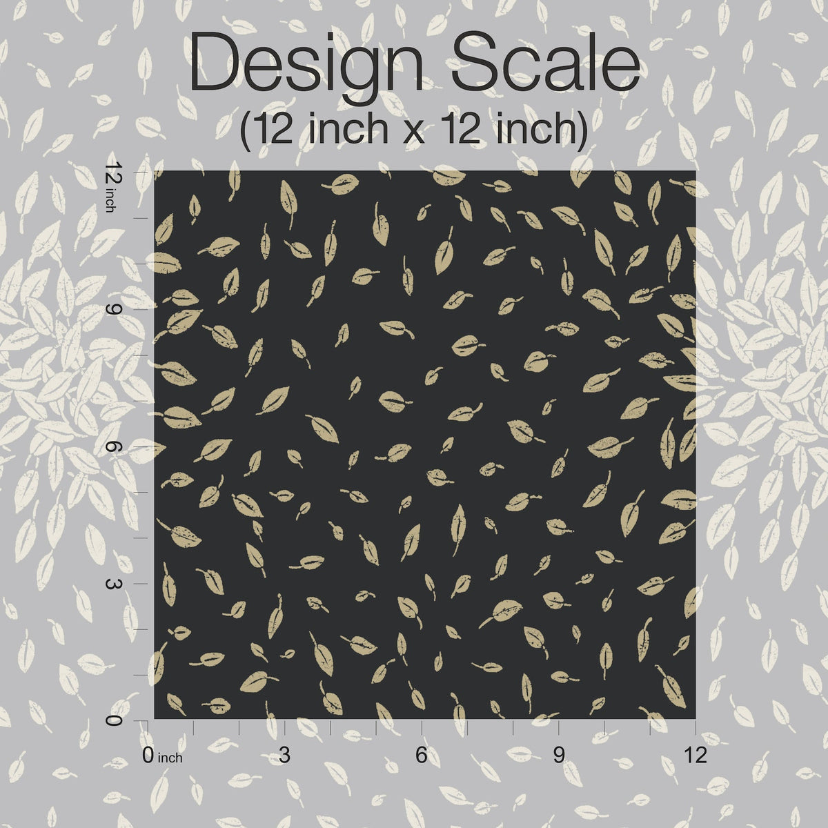 The “Petite Leaves Wallpaper” by York Wallcoverings is shown here as a 12x12 inch black square, featuring a repeating pattern of beige leaves overlaid on a larger grey background with a similar leaf motif. Inch scales are visible along the top and left edges.
