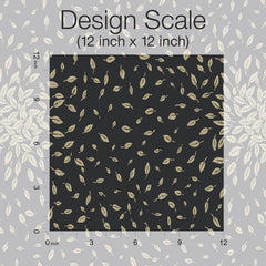 The “Petite Leaves Wallpaper” by York Wallcoverings is shown here as a 12x12 inch black square, featuring a repeating pattern of beige leaves overlaid on a larger grey background with a similar leaf motif. Inch scales are visible along the top and left edges.