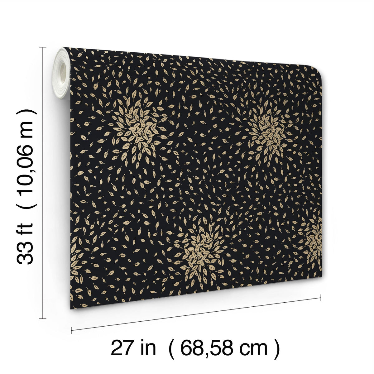 The Petite Leaves Wallpaper by York Wallcoverings features a gold leaf pattern on a black background and comes in rolls measuring 33 ft (10.06 m) long and 27 in (68.58 cm) wide.