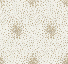 Petite Leaves Wallpaper by York Wallcoverings features a seamless pattern of small, brown, leaf-like shapes arranged in circular clusters against a light beige background. The evenly repeating leaf clusters create a subtle and elegant design.