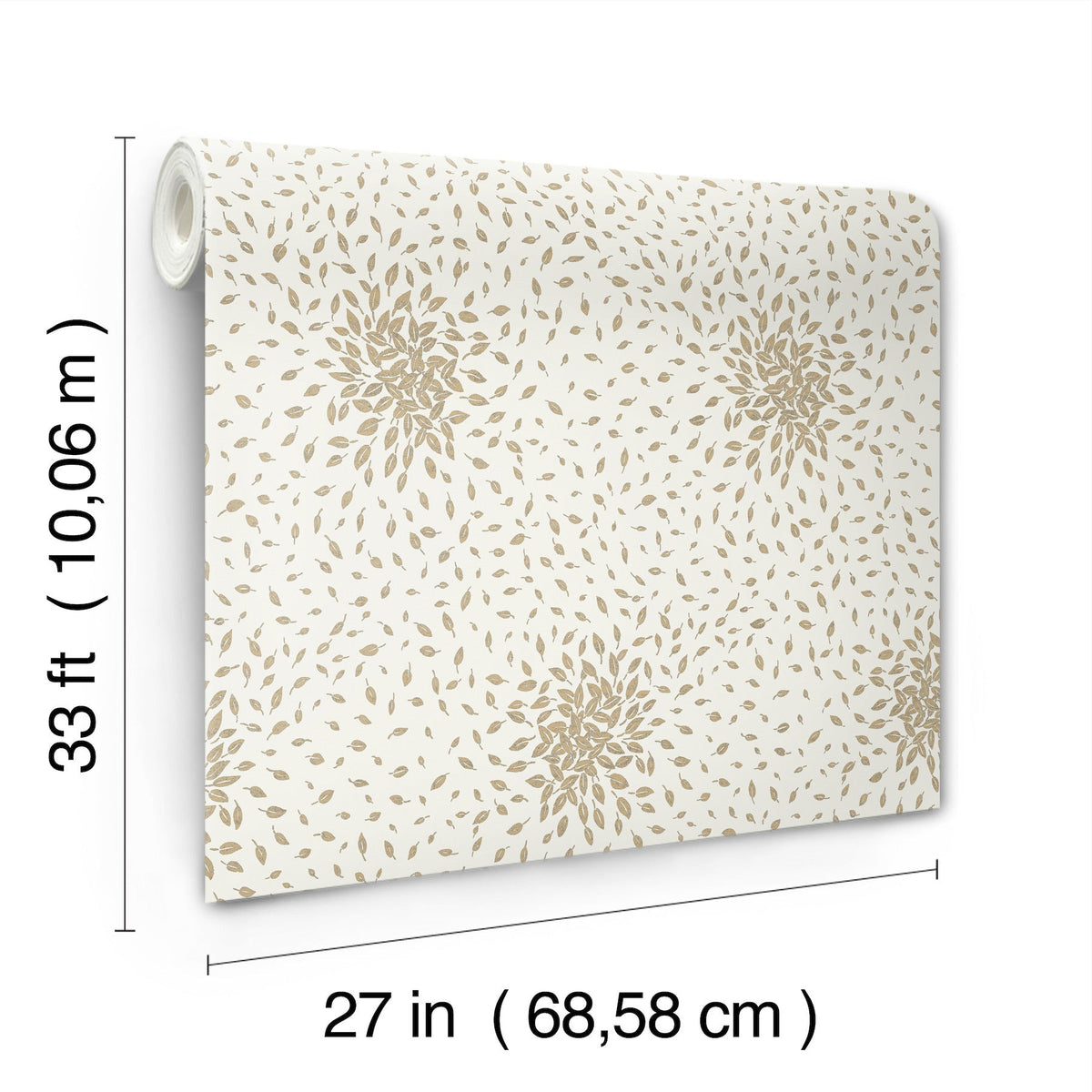 A roll of Petite Leaves Wallpaper by York Wallcoverings, featuring a beige floral pattern on a white background; labeled dimensions are 33 ft (10.06 m) in length and 27 in (68.58 cm) in width.