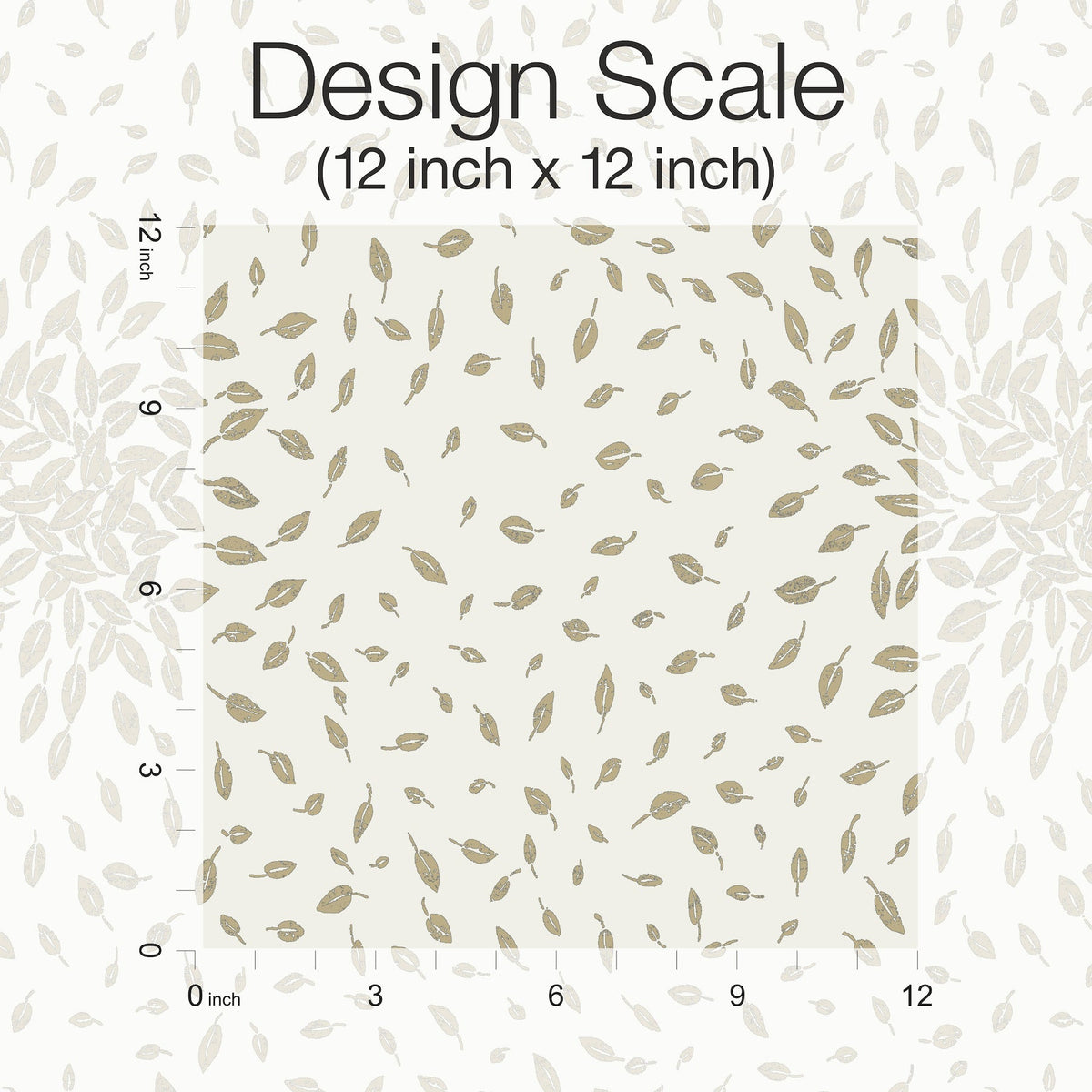 Square swatch of York Wallcoverings’ Petite Leaves Wallpaper, featuring a repeating leaf pattern in beige and brown on a cream background. Grid lines and labels indicate a 12 inch by 12 inch design scale, with “Design Scale (12 inch x 12 inch)” text at the top.
