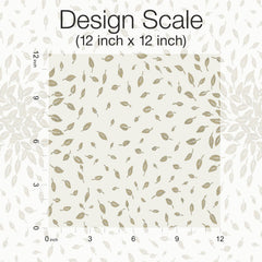 Square swatch of York Wallcoverings’ Petite Leaves Wallpaper, featuring a repeating leaf pattern in beige and brown on a cream background. Grid lines and labels indicate a 12 inch by 12 inch design scale, with “Design Scale (12 inch x 12 inch)” text at the top.