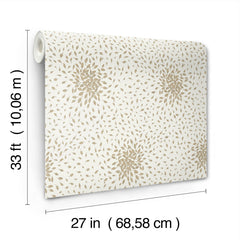 Petite Leaves Wallpaper by York Wallcoverings features a floral leaf pattern in beige and white. The roll measures 33 feet (10.06 meters) long and 27 inches (68.58 cm) wide.