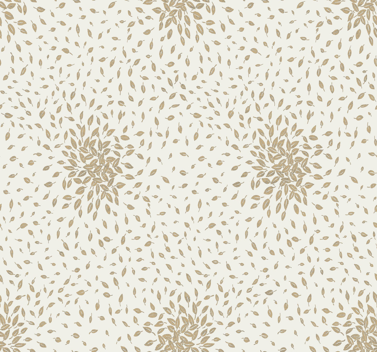 Petite Leaves Wallpaper by York Wallcoverings features a seamless pattern of small, scattered brown leaves arranged in circular clusters on a light beige background, offering a subtle and repeating botanical design.