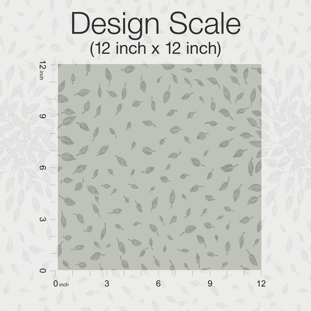 A 12x12 inch square sample of York Wallcoverings’ Petite Leaves Wallpaper is shown with a leaf pattern, and vertical and horizontal rulers on the left and bottom edges indicate inch measurements. The text above states “Design Scale (12 inch x 12 inch).”.