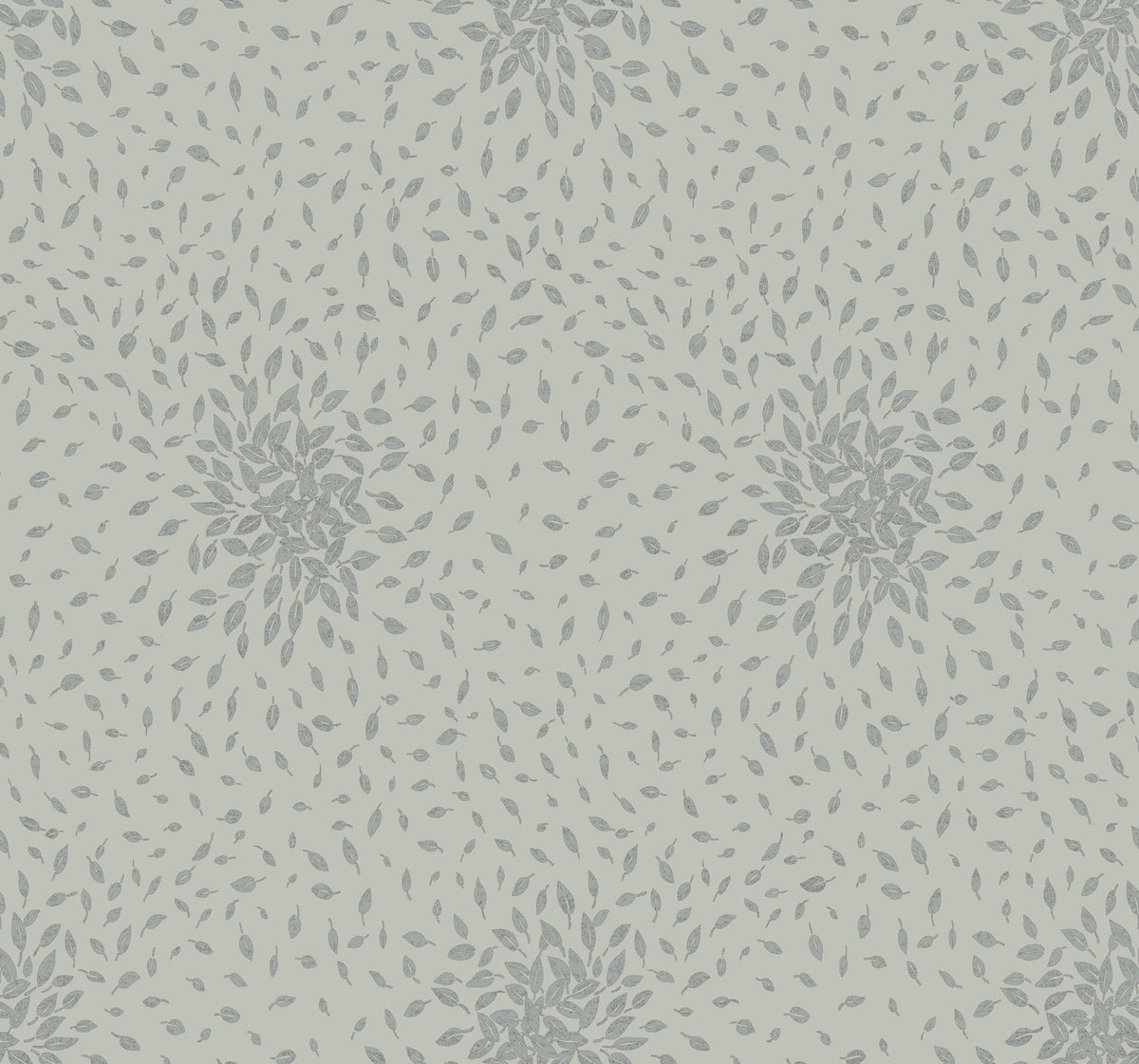 Petite Leaves Wallpaper by York Wallcoverings features a seamless pattern of scattered gray leaves forming circular clusters on a light gray background, creating a soft, repetitive botanical design.