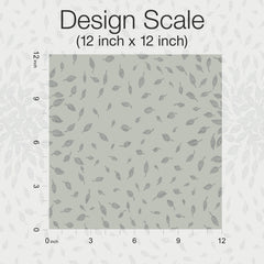 A 12x12 inch square displays a repeating leaf pattern from the Petite Leaves Wallpaper by York Wallcoverings. Axes on the left and bottom edges are marked in inches from 0 to 12, and the title at the top reads Design Scale (12 inch x 12 inch).