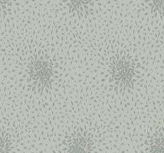 Petite Leaves Wallpaper by York Wallcoverings features a light grey pattern composed of petite, leaf-shaped motifs grouped in circular clusters against an off-white background, forming a repeating and symmetrical floral design.