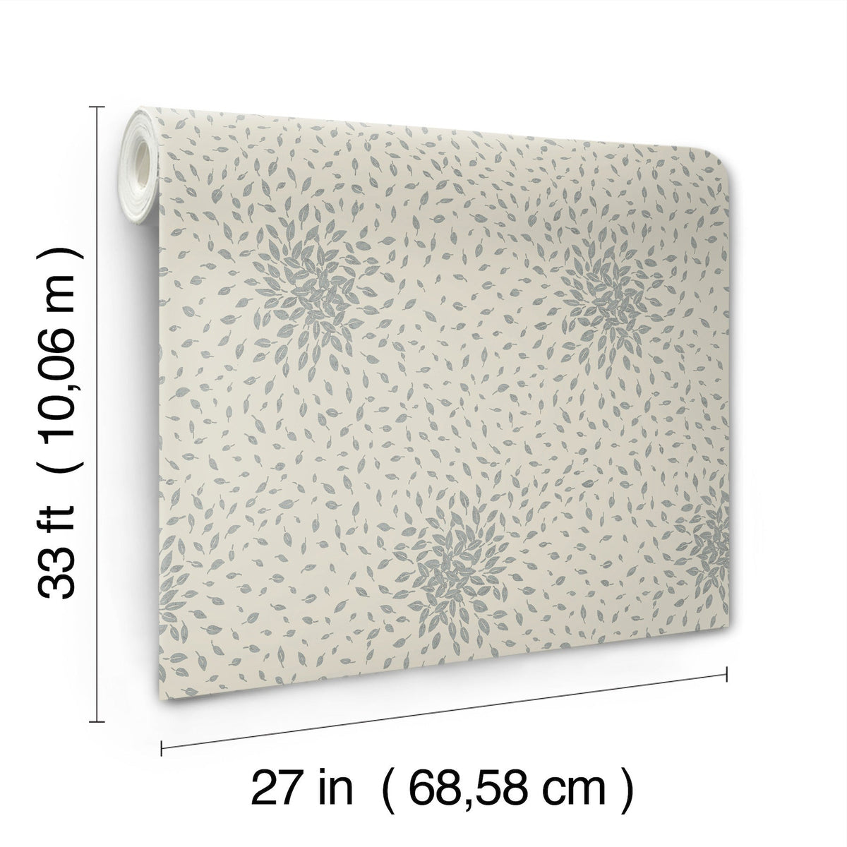York Wallcoverings Petite Leaves Wallpaper features a gray floral leaf pattern on a cream background and comes in rolls measuring 33 feet (10.06 meters) long and 27 inches (68.58 centimeters) wide.