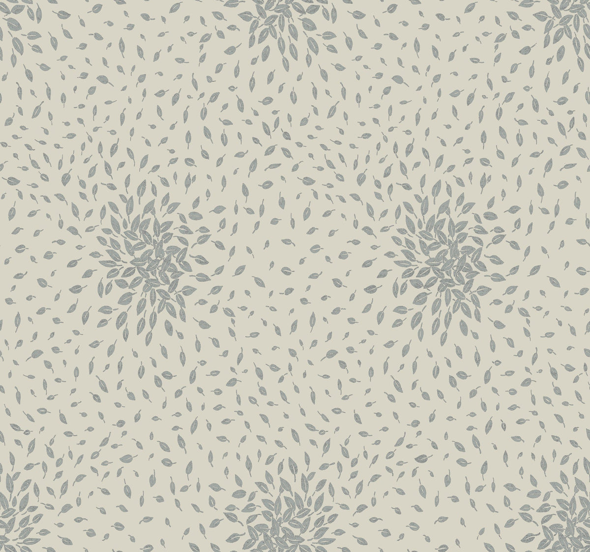 Petite Leaves Wallpaper by York Wallcoverings features a seamless, repetitive pattern of small gray leaves arranged in circular clusters on a light beige background, creating a natural, delicate, and textured look.