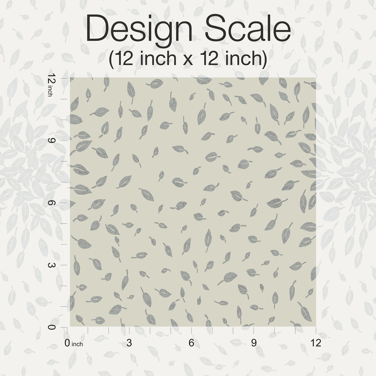 A 12x12 inch square sample of York Wallcoverings’ Petite Leaves Wallpaper, featuring a scattered gray leaf pattern on a beige background. Inch rulers are shown along the left and bottom edges, with the text “Design Scale (12 inch x 12 inch)” displayed above.
