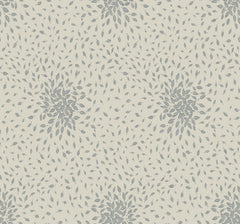 Petite Leaves Wallpaper by York Wallcoverings features a seamless pattern of small gray leaves arranged in circular, swirling clusters on a light beige background, creating a soft, repetitive, and decorative botanical design.