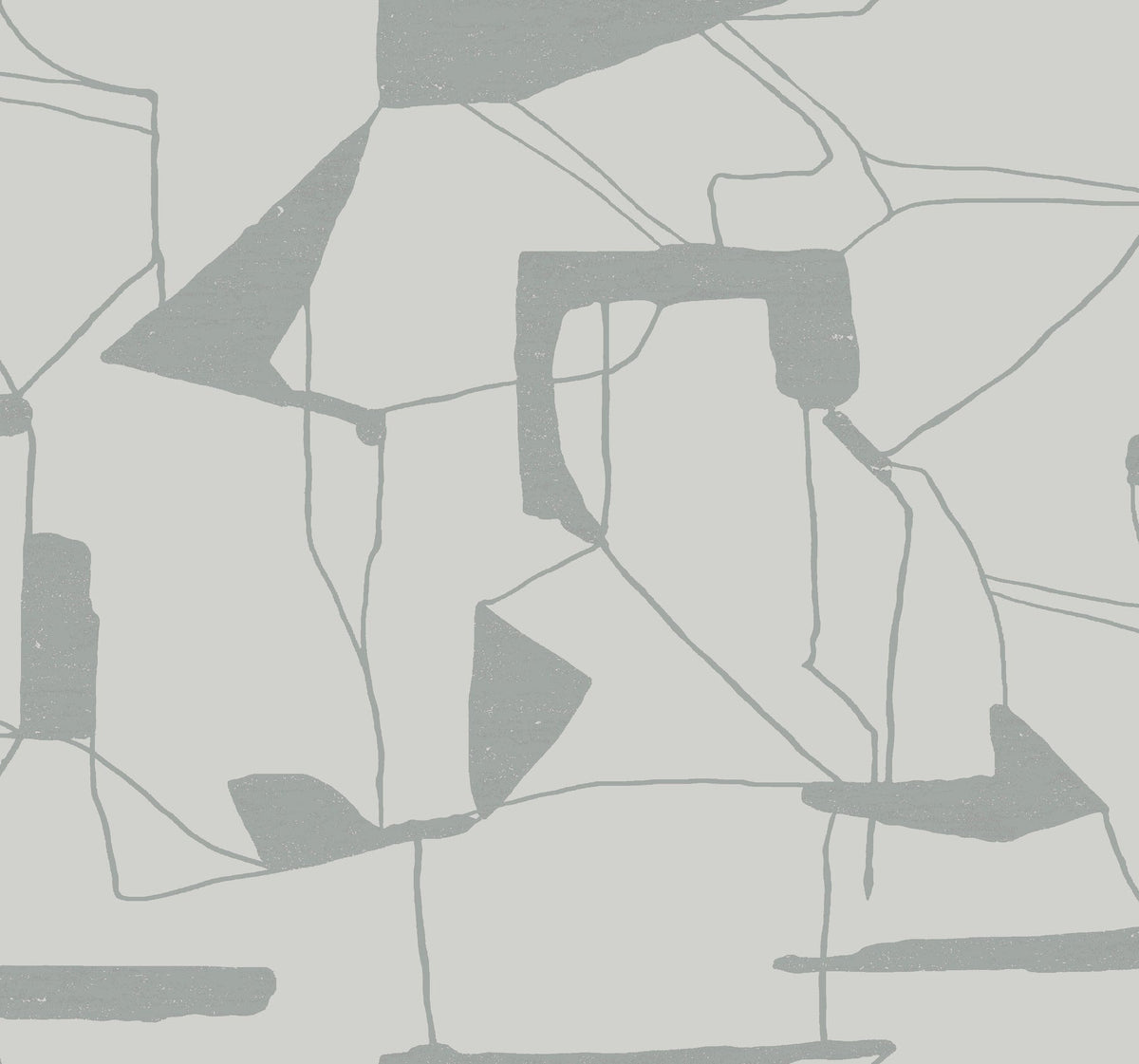 Abstract Geo Wallpaper by York Wallcoverings features a modern, minimalist pattern of gray geometric shapes and thin lines on a white background, creating an irregular and contemporary look.