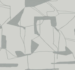 Abstract Geo Wallpaper by York Wallcoverings features a modern, minimalist pattern of gray geometric shapes and thin lines on a white background, creating an irregular and contemporary look.
