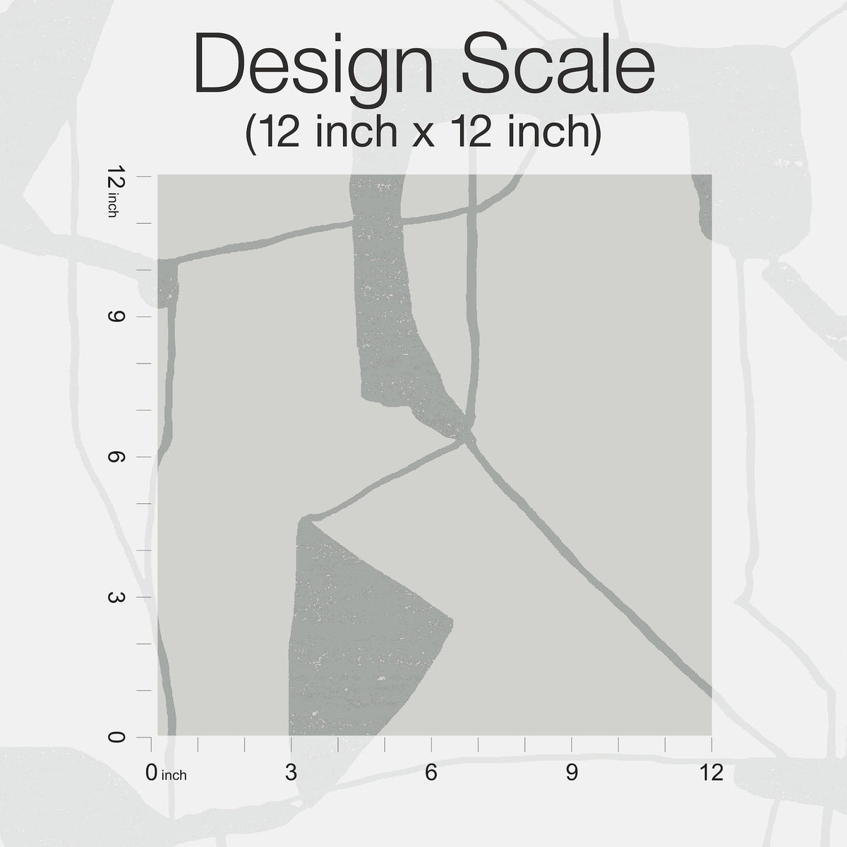 A square design template for York Wallcoverings’ Abstract Geo Wallpaper (12 inch x 12 inch) features a gray geometric abstract pattern, a measurement grid, and inch rulers along the left and bottom edges marked from 0 to 12.