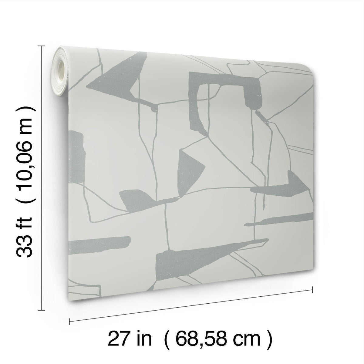 The York Wallcoverings Abstract Geo Wallpaper features an abstract geometric pattern in gray tones and comes in a roll measuring 33 feet (10.06 m) long and 27 inches (68.58 cm) wide.