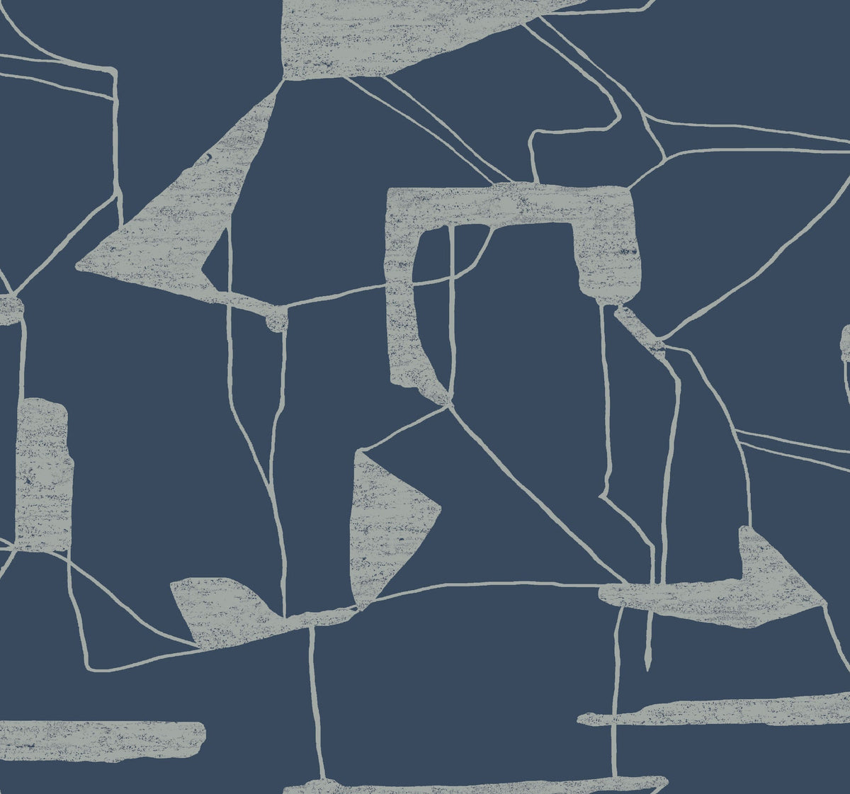 Add a touch of modern sophistication to your space with the Abstract Geo Wallpaper by York Wallcoverings, featuring light gray, irregular textured shapes and thin lines set against a dark blue background in an abstract geometric design.