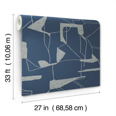 The Abstract Geo Wallpaper by York Wallcoverings features a blue design with abstract white lines and shapes, shown here unrolled. Each roll measures 33 ft (10.06 m) in length and 27 in (68.58 cm) in width.