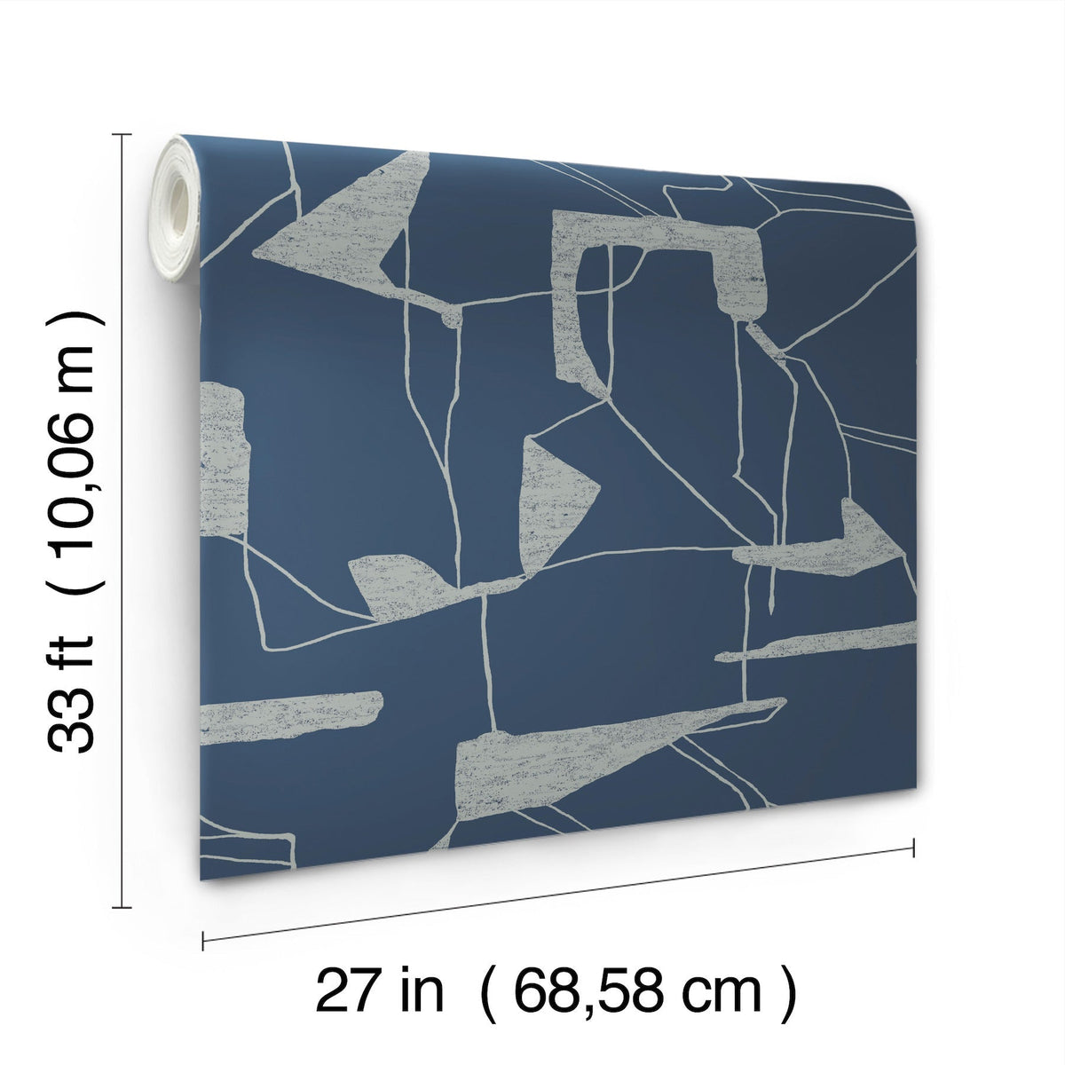 The York Wallcoverings Abstract Geo Wallpaper features a blue background with abstract white lines and shapes. Each roll measures 33 ft (10.06 m) in length and 27 in (68.58 cm) in width.