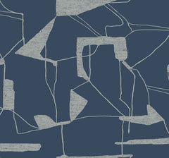 Introducing the Abstract Geo Wallpaper by York Wallcoverings, featuring an abstract pattern of irregular light blue geometric shapes and thin lines on a dark blue background—a modern, minimalist design reminiscent of a stylized map.