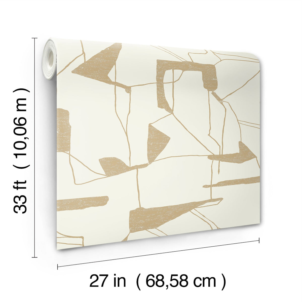 A roll of Abstract Geo Wallpaper by York Wallcoverings in beige and white features an abstract pattern and measures 33 feet (10.06 meters) long by 27 inches (68.58 centimeters) wide.