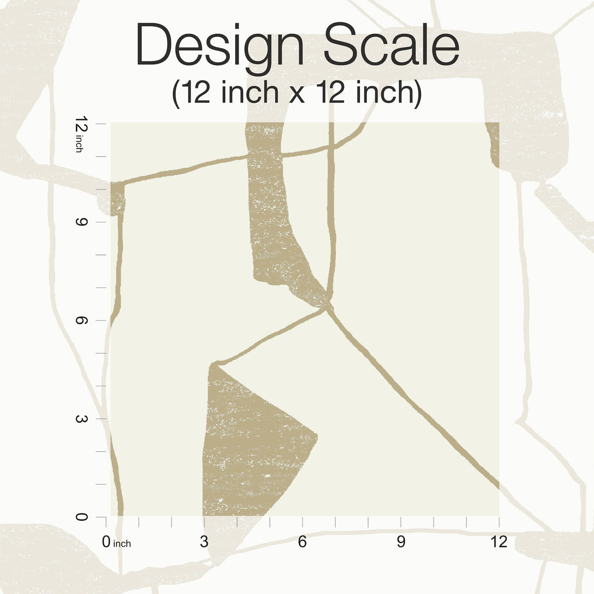 Abstract Geo Wallpaper by York Wallcoverings in a 12x12 inch square design scale, featuring a beige and tan abstract pattern with inch rulers on the left and bottom sides. Text at the top reads “Design Scale (12 inch x 12 inch).”.