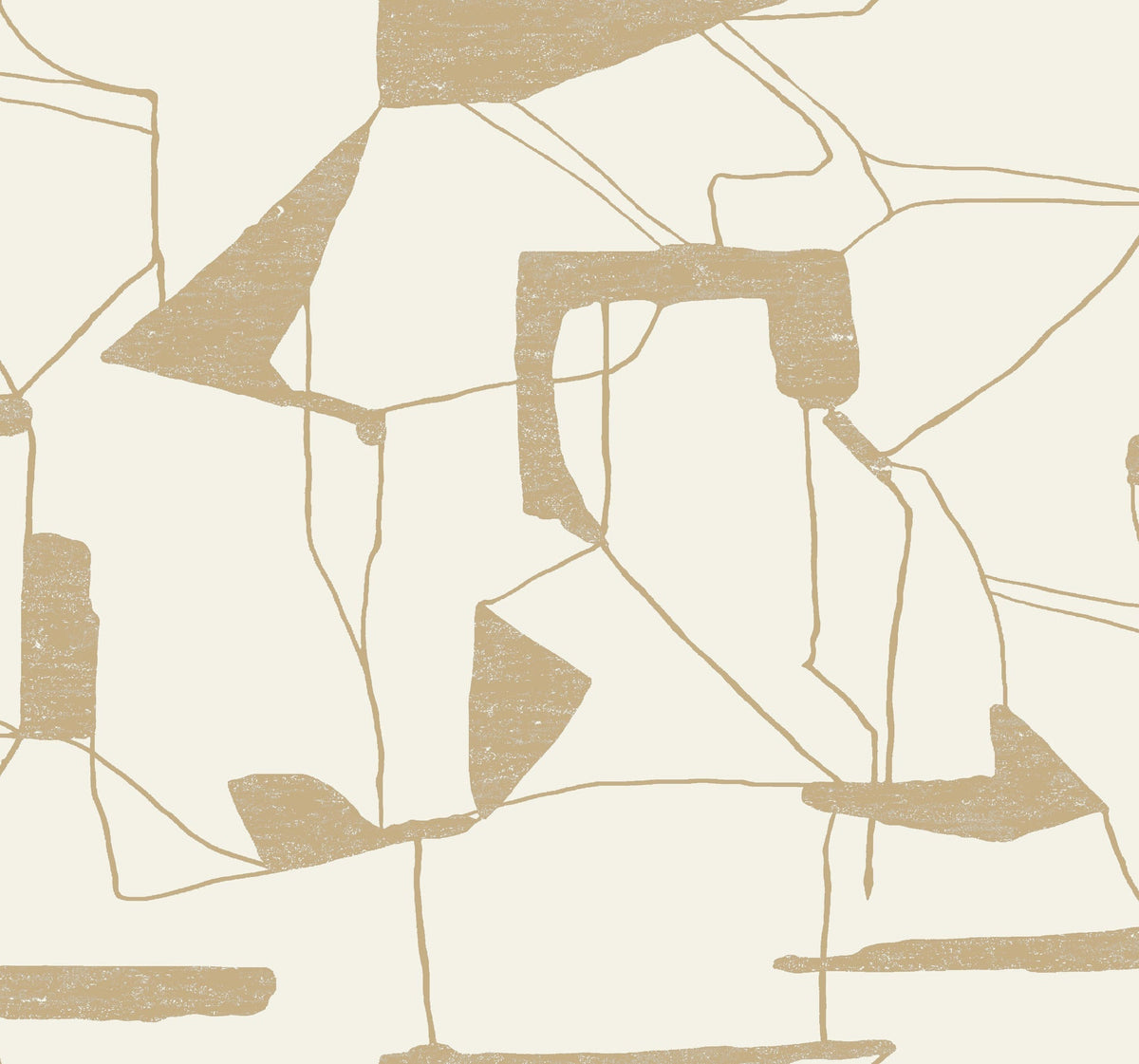 Introducing the Abstract Geo Wallpaper by York Wallcoverings, featuring a beige and cream abstract pattern with irregular geometric shapes and thin intersecting lines on a light background.