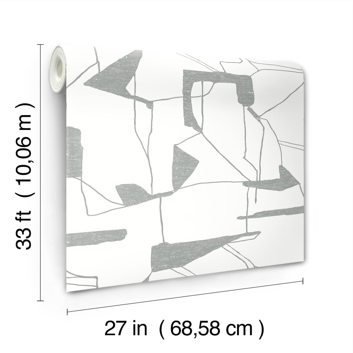 A roll of York Wallcoverings’ Abstract Geo Wallpaper, featuring a mostly white background with gray geometric lines and shapes. Each roll measures 33 ft (10.06 m) in length and 27 in (68.58 cm) in width.