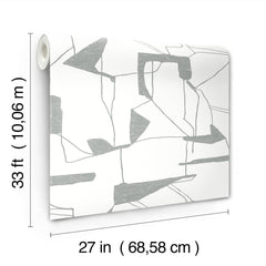 A roll of York Wallcoverings’ Abstract Geo Wallpaper, featuring a mostly white background with gray geometric lines and shapes. Each roll measures 33 ft (10.06 m) in length and 27 in (68.58 cm) in width.