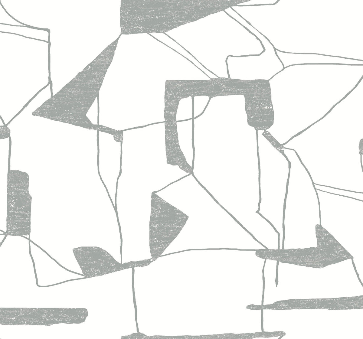 Abstract Geo Wallpaper by York Wallcoverings features gray geometric shapes and thin lines layered over a white background, showcasing a modern, minimalist design with irregular angles and intersecting forms.
