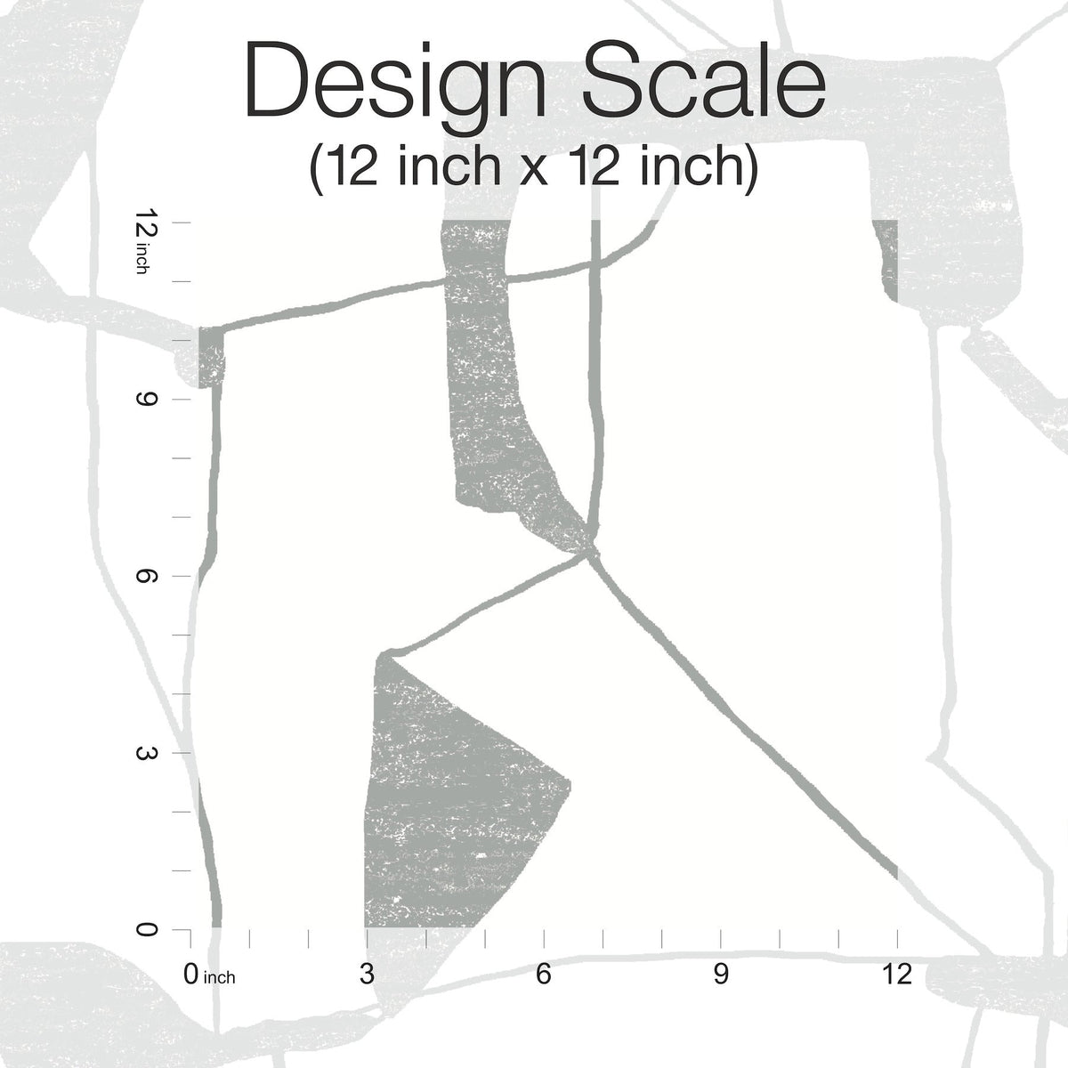 Modern abstract grayscale shapes create the background of the York Wallcoverings Abstract Geo Wallpaper, displayed with labeled vertical and horizontal rulers along the left and bottom edges to indicate a 12 inch by 12 inch scale.